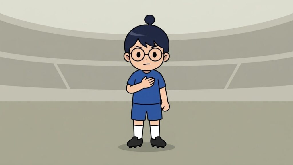 青いユニフォームで胸に手を当てるサカ丸のイラスト