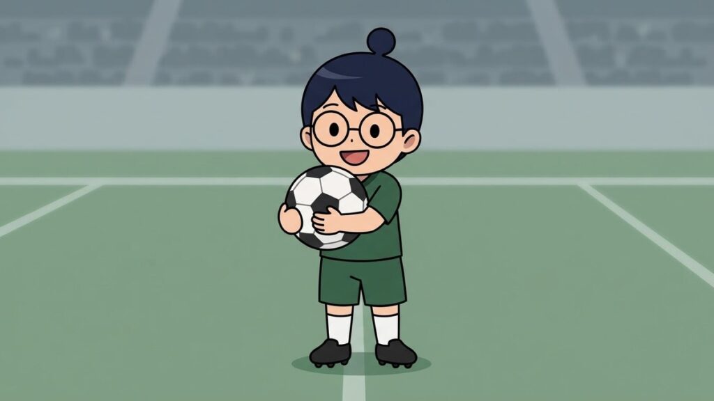 ボールを抱えて笑顔を見せるサカ丸のイラスト