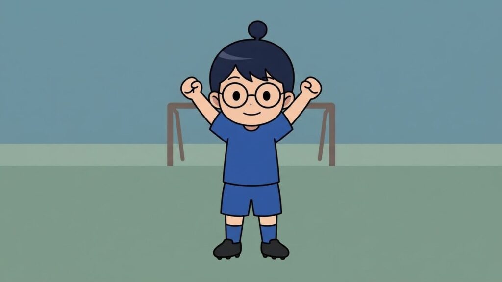 青いユニフォームで喜ぶサカ丸のイラスト