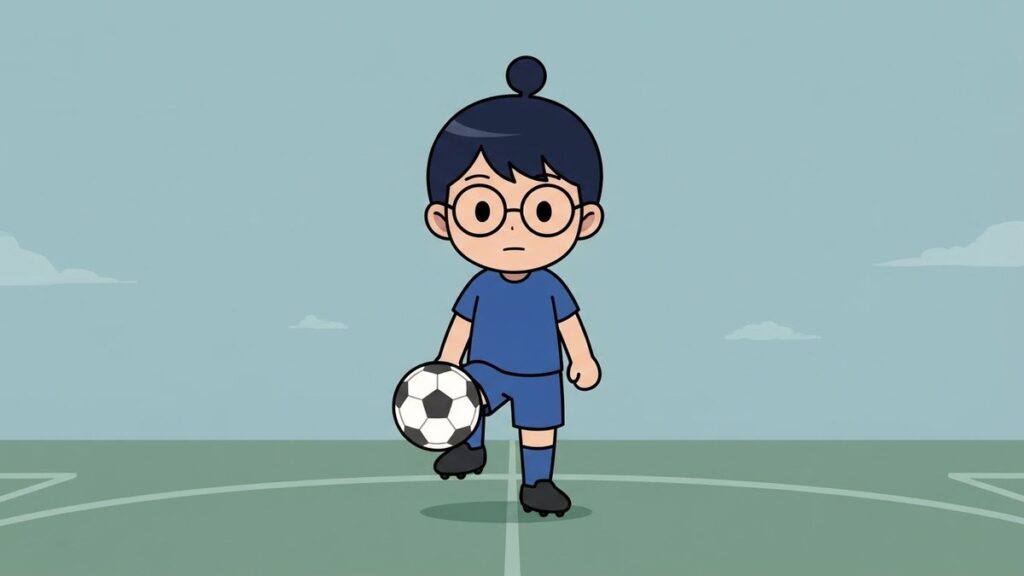 青い練習着でリフティングするサカ丸のイラスト