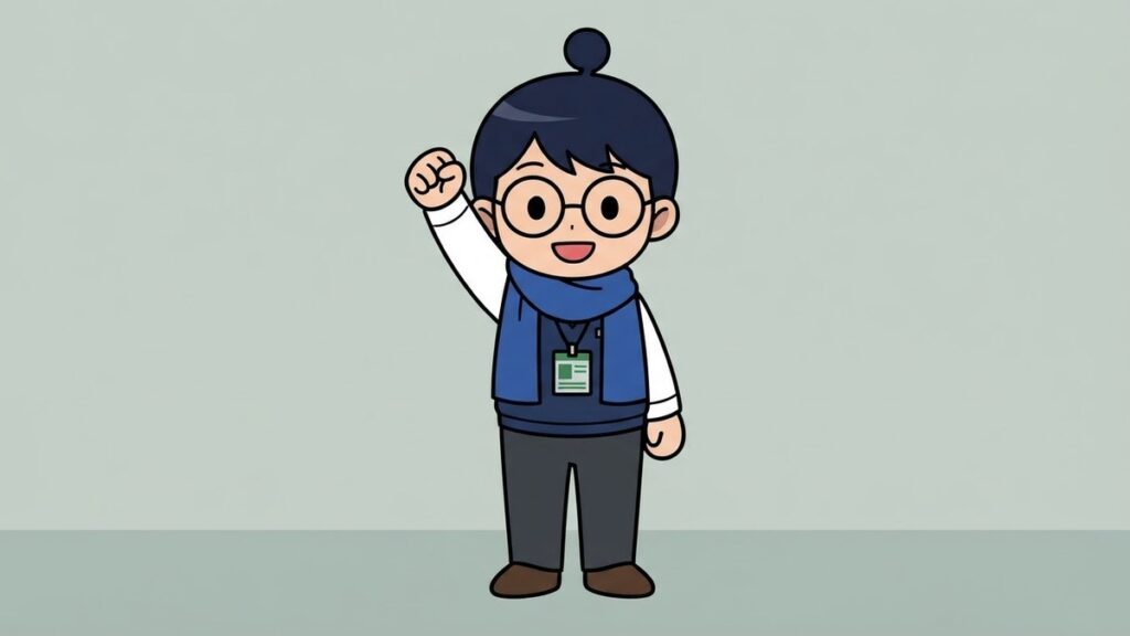 青いマフラーを巻いて応援するサカ丸のイラスト