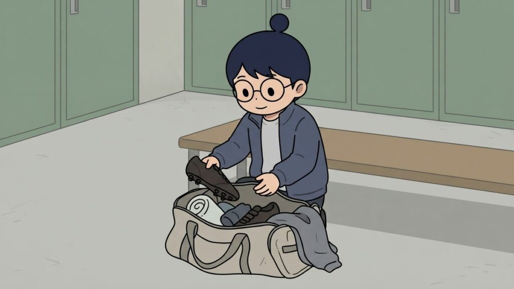 ロッカールームでスパイクをバッグに詰めるサカ丸のイラスト