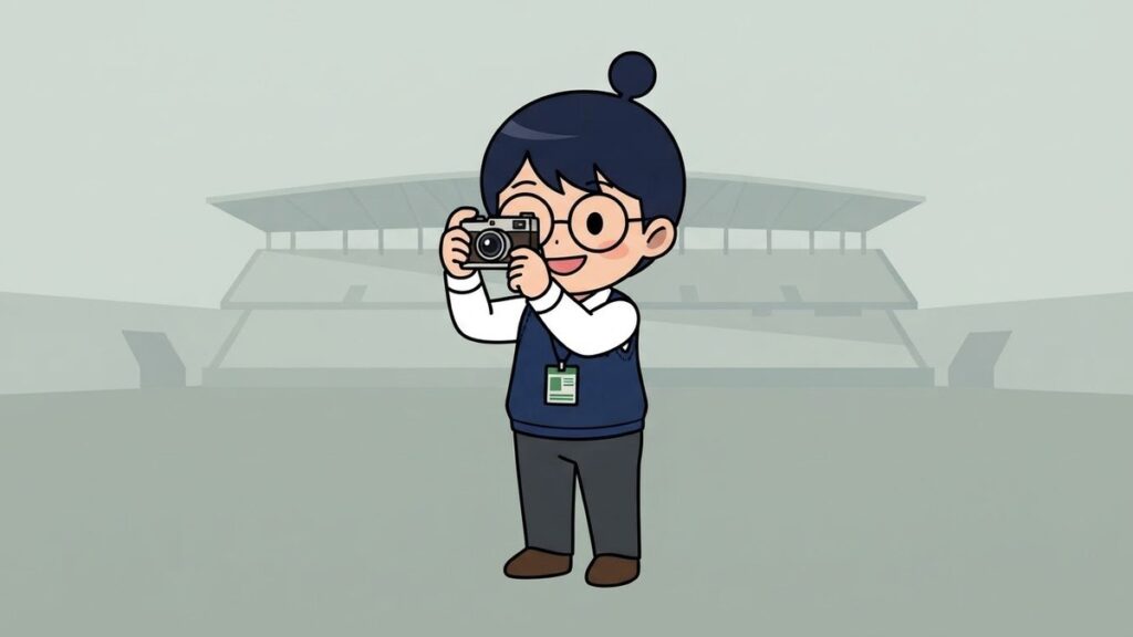 カメラでスタジアムを撮影するサカ丸のイラスト