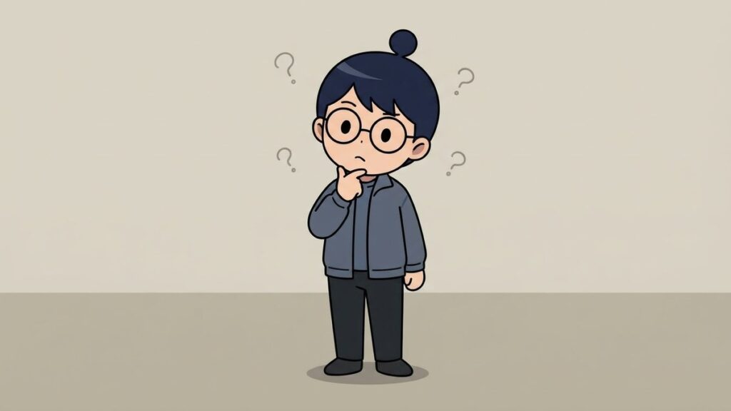 あごに手を当てて考え込むサカ丸のイラスト