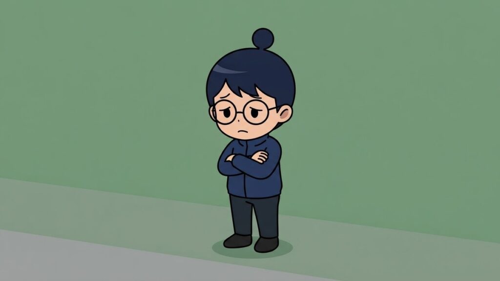 腕を組みうつむく監督姿のサカ丸のイラスト