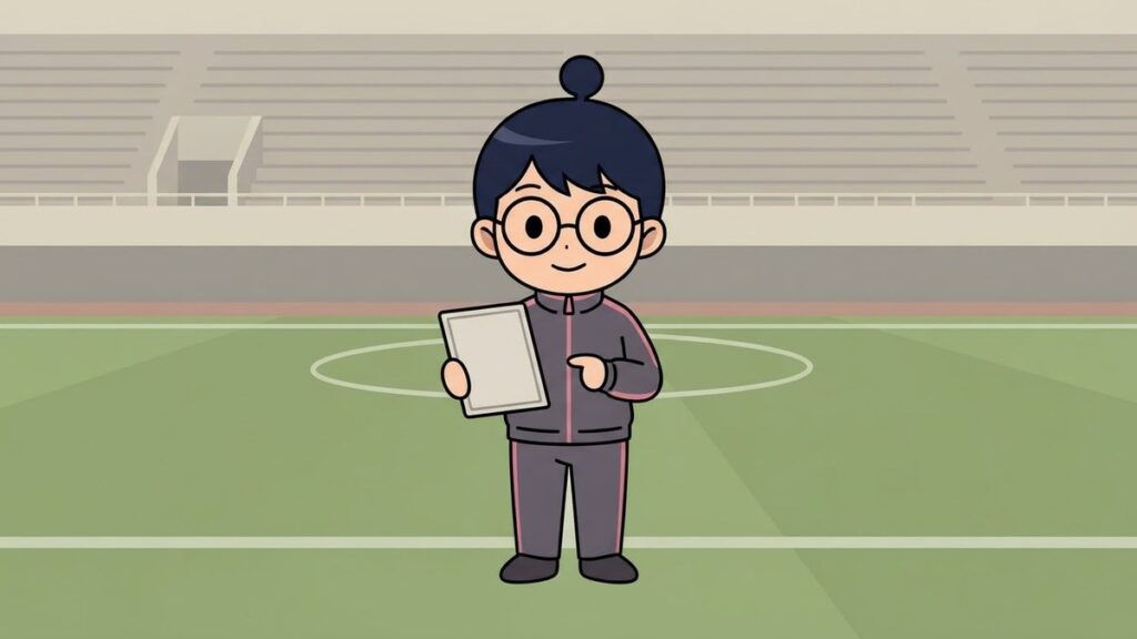女子チームの監督としてボードを持つサカ丸のイラスト