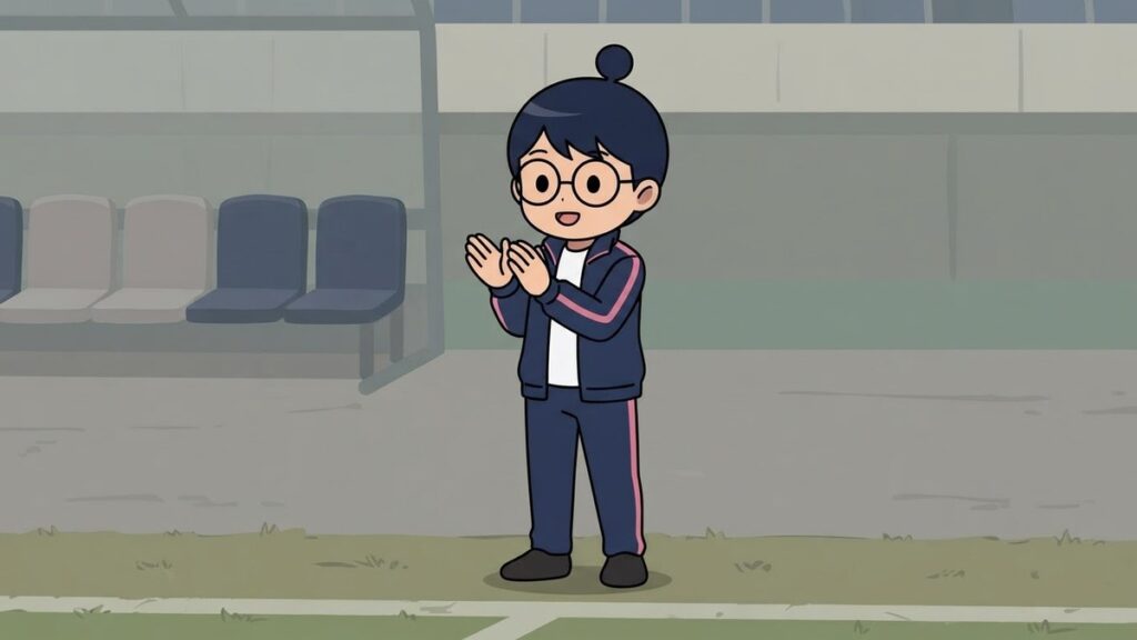 拍手で選手を励ます女子チームの監督姿のサカ丸のイラスト