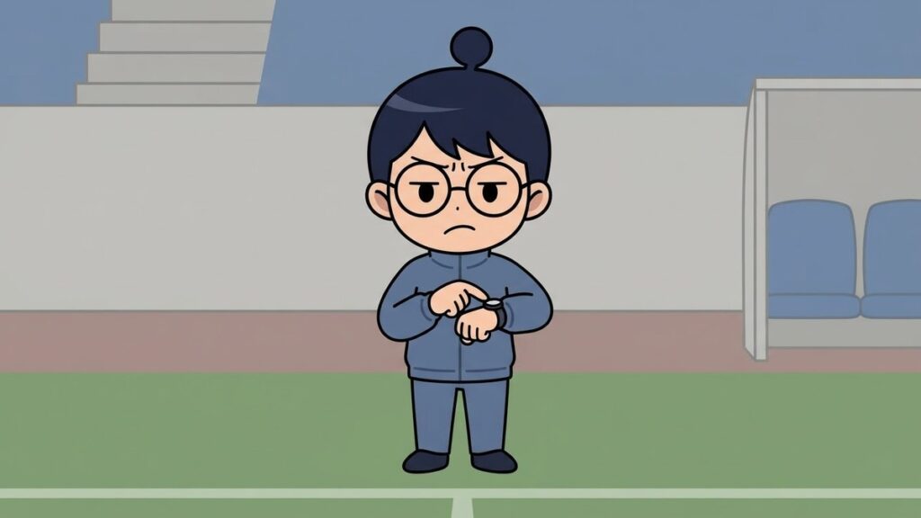腕時計を指して苛立つ監督姿のサカ丸のイラスト