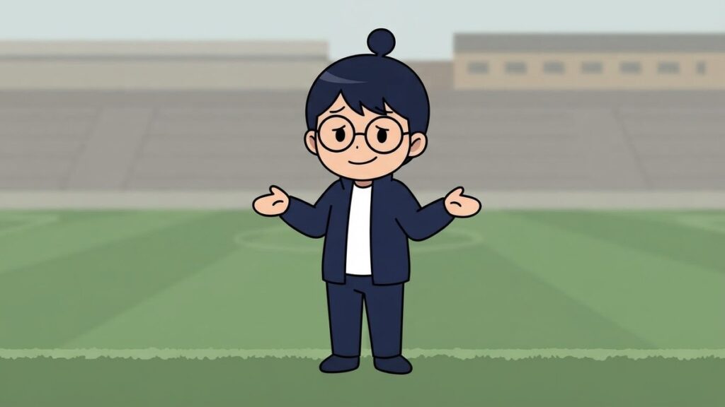 苦笑いで肩をすくめる監督姿のサカ丸のイラスト