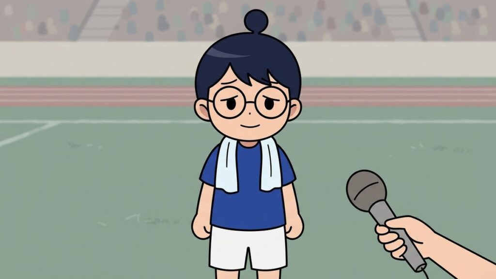 試合後にタオルを首にかけてインタビューに答えるサカ丸のイラスト