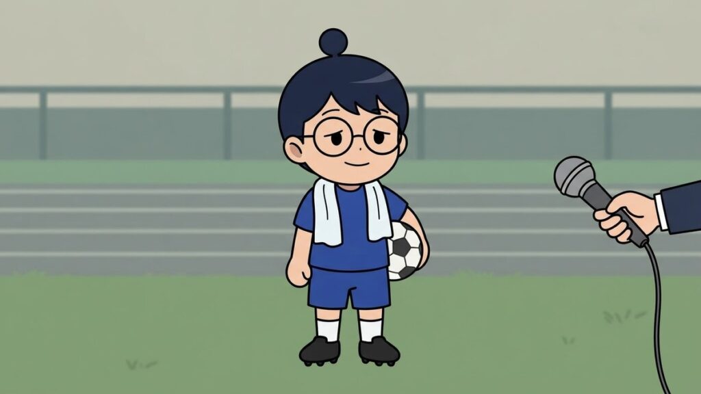 試合後にタオルを首にかけてインタビューに答えるサカ丸のイラスト