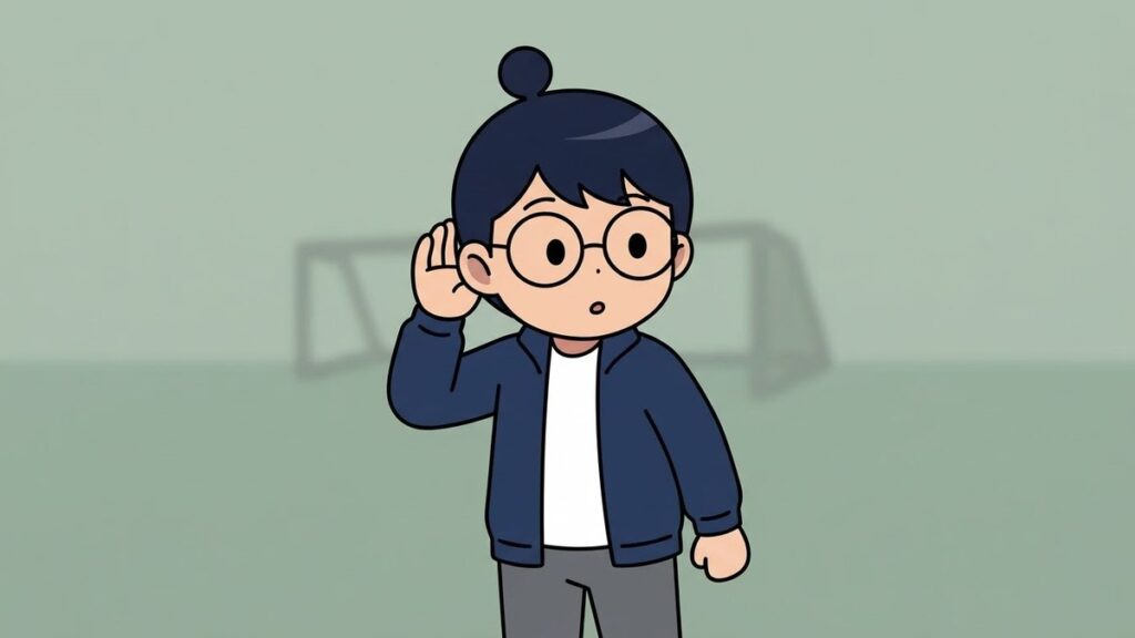 耳に手を当てて聞き耳を立てるサカ丸のイラスト
