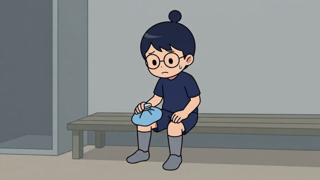 太ももを氷で冷やすサカ丸のイラスト