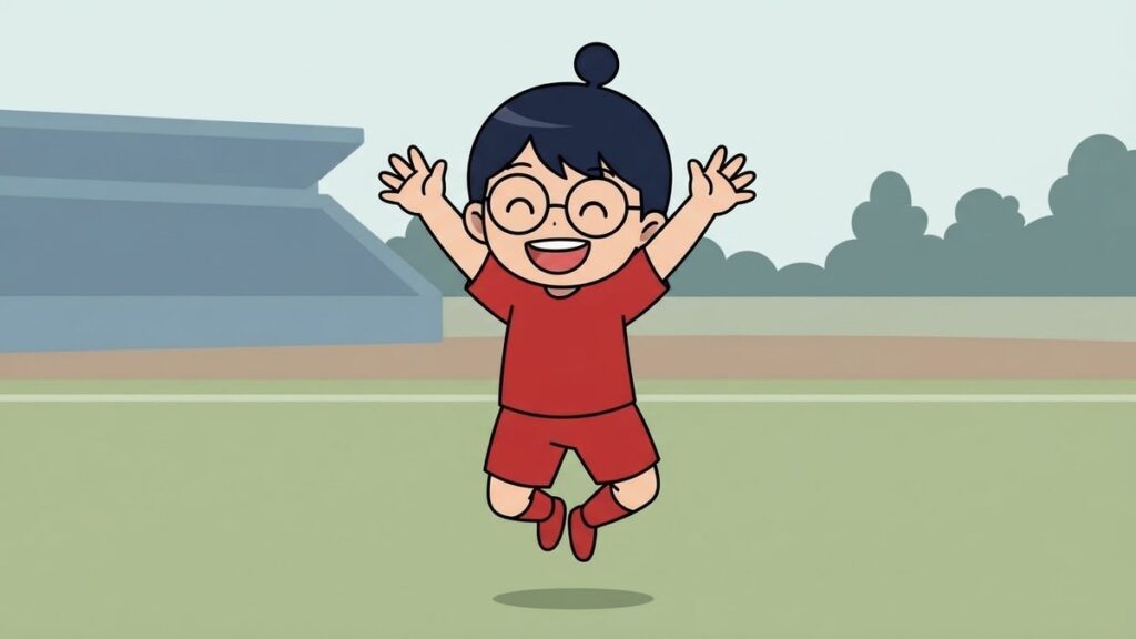 両手を上げてジャンプして喜ぶサカ丸のイラスト