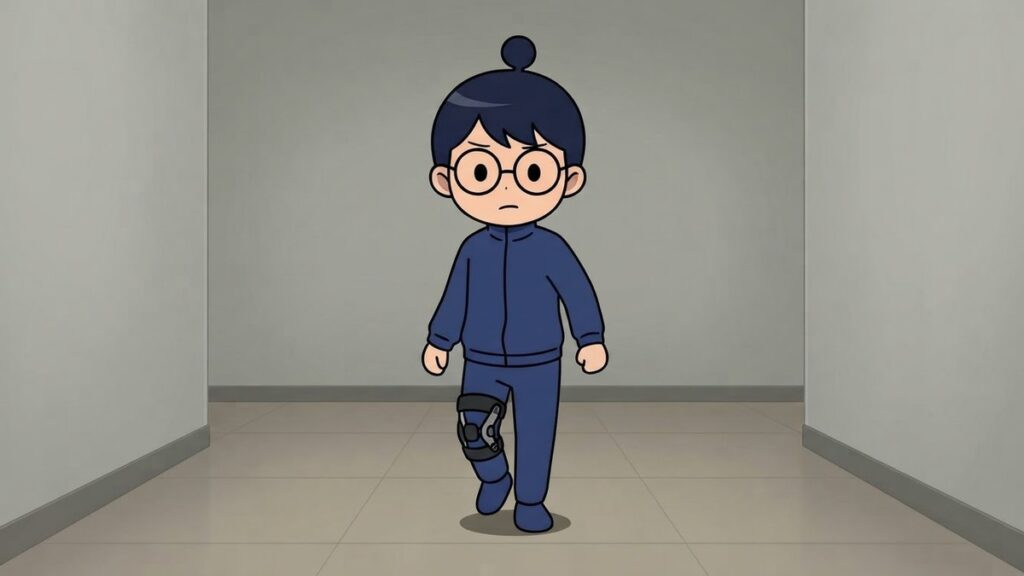 膝にサポーターをつけて歩くサカ丸のイラスト