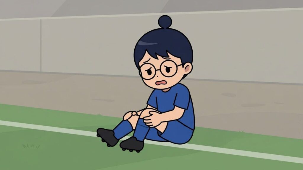 ピッチに座り膝を押さえるサカ丸のイラスト