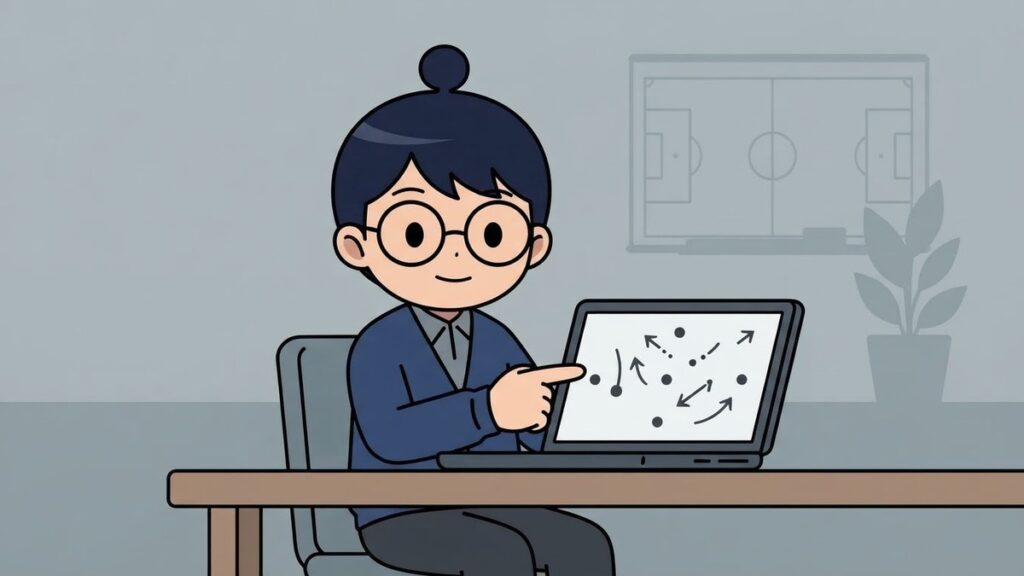 ノートパソコンで試合を分析する監督姿のサカ丸のイラスト