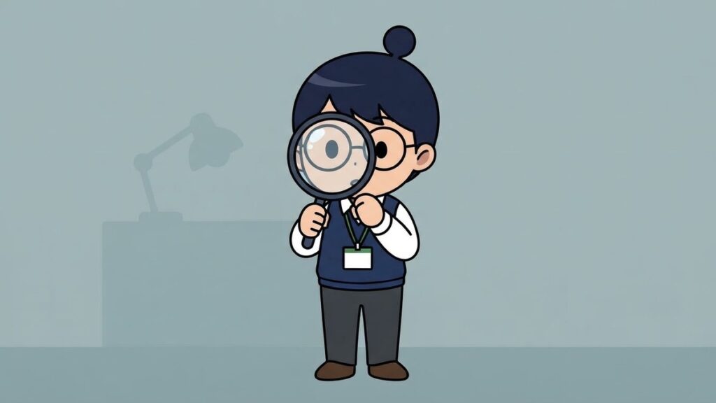 虫眼鏡で調べるサカ丸のイラスト