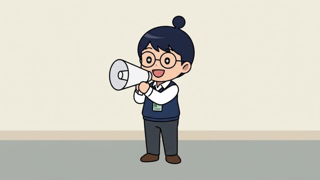 メガホンを持って呼びかけるサカ丸のイラスト