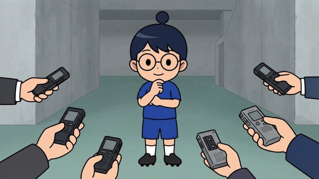 ミックスゾーンで取材に応じる選手姿のサカ丸のイラスト