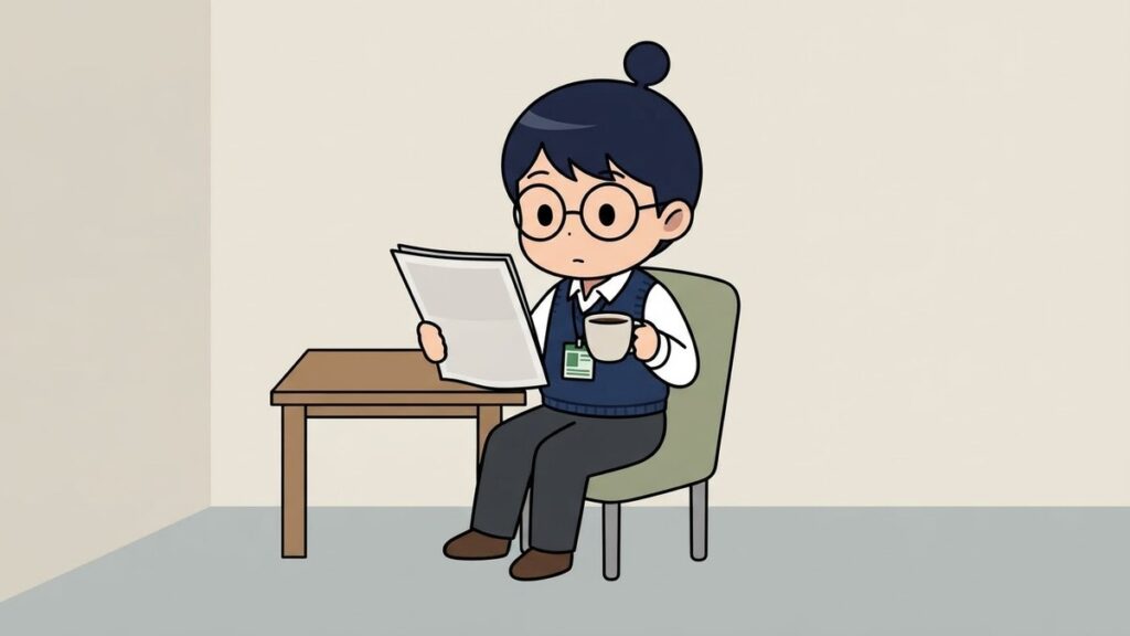 コーヒーを片手に新聞を読むサカ丸のイラスト