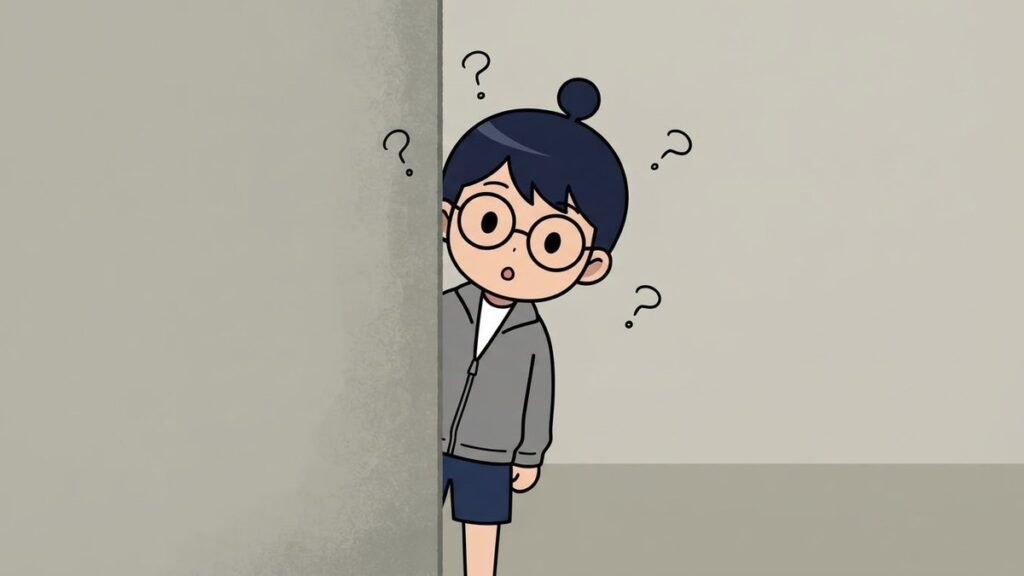 柱の陰からのぞくサカ丸のイラスト