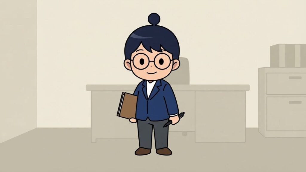 書類を抱えて契約を終えたサカ丸のイラスト