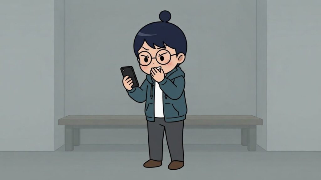 口元を隠してスマートフォンを持つサカ丸のイラスト
