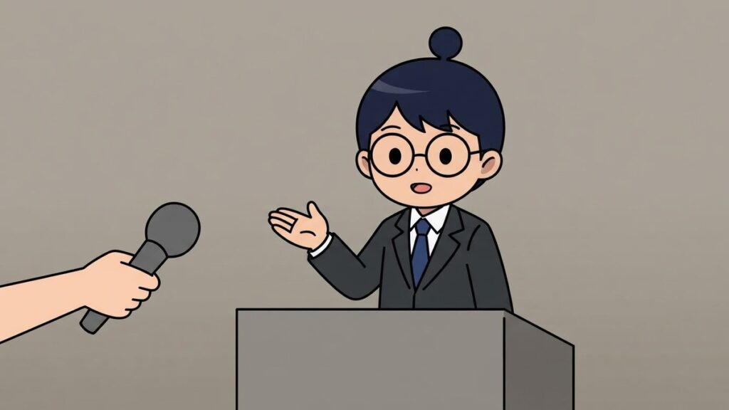 会見場で身振りを交えて話す監督姿のサカ丸のイラスト