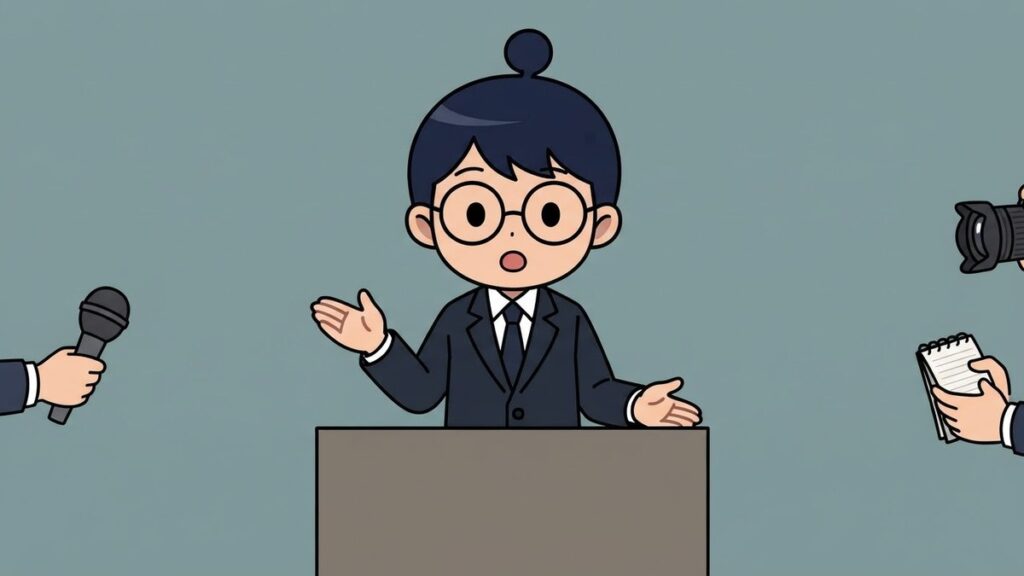 会見場で身振りを交えて話す監督姿のサカ丸のイラスト