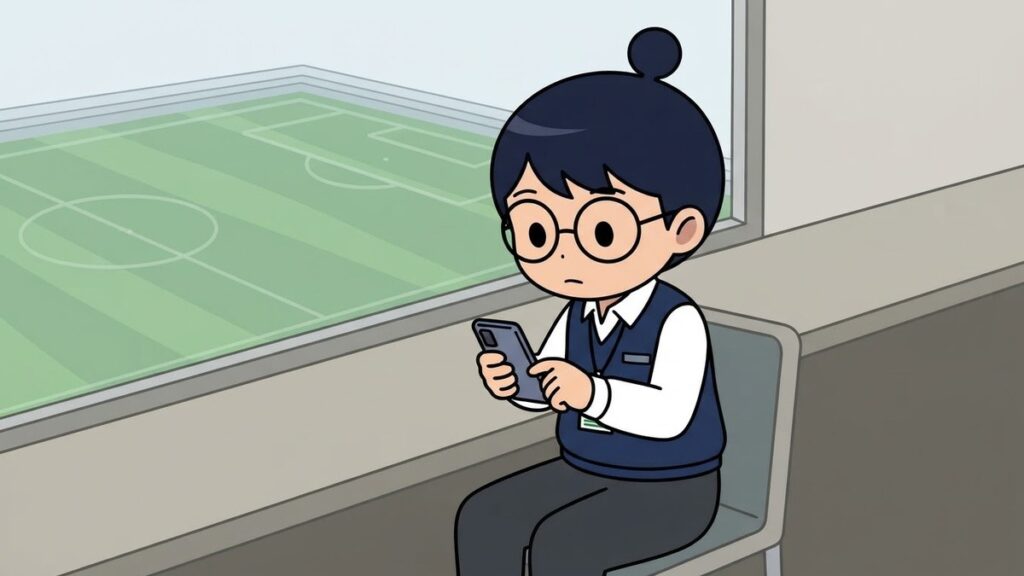 記者席でスマートフォンを操作するサカ丸のイラスト