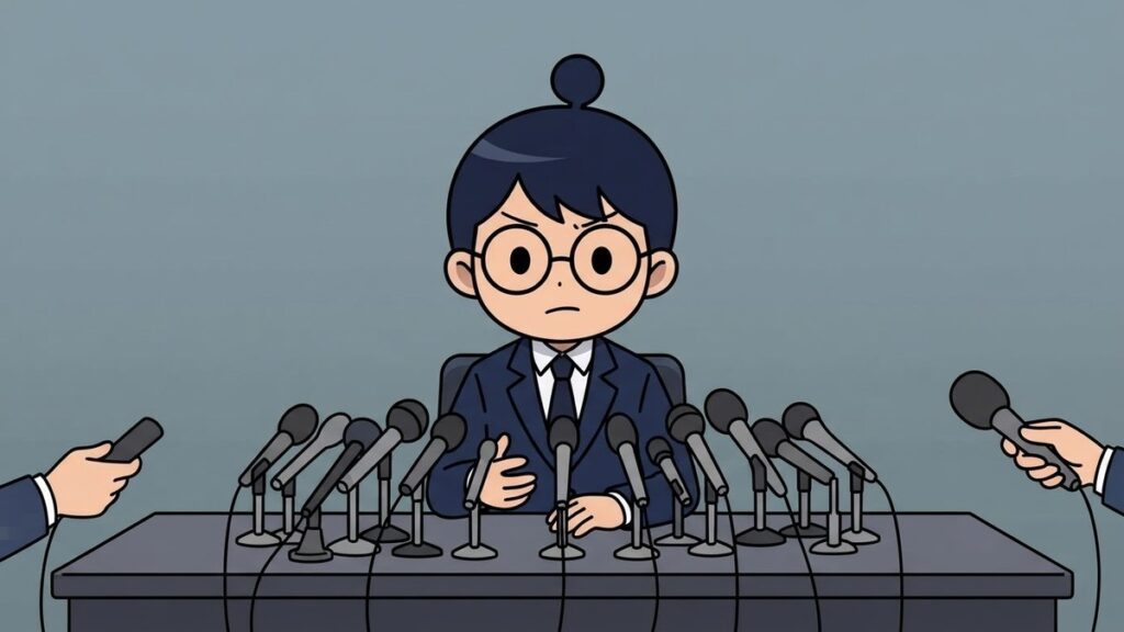 記者会見で真剣に答える監督姿のサカ丸のイラスト