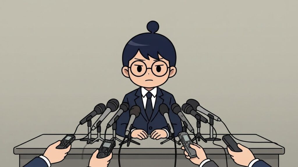 記者会見で真剣に答える監督姿のサカ丸のイラスト