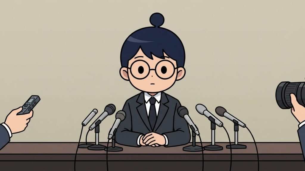 記者会見で笑顔を見せる監督姿のサカ丸のイラスト
