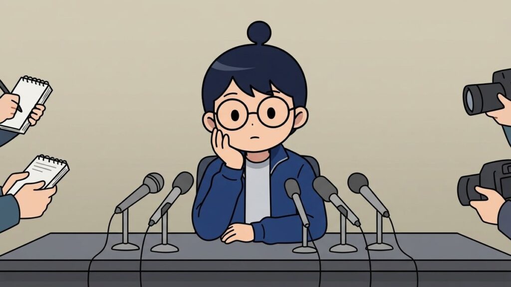 会見で考え込む選手姿のサカ丸のイラスト
