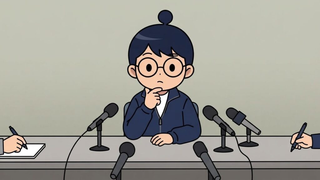 会見で考え込む選手姿のサカ丸のイラスト