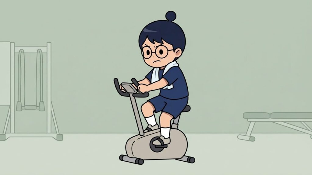 リハビリでエアロバイクをこぐサカ丸のイラスト