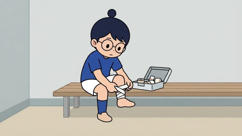 自分で足首にテーピングを巻くサカ丸のイラスト
