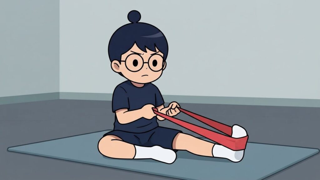 チューブでストレッチするサカ丸のイラスト