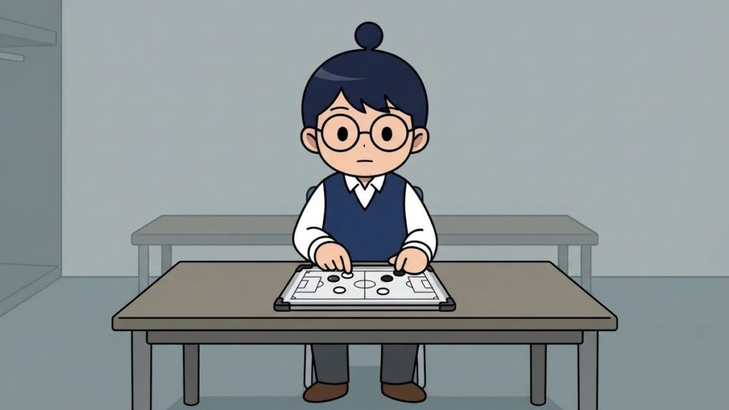 作戦盤の駒を動かす監督姿のサカ丸のイラスト