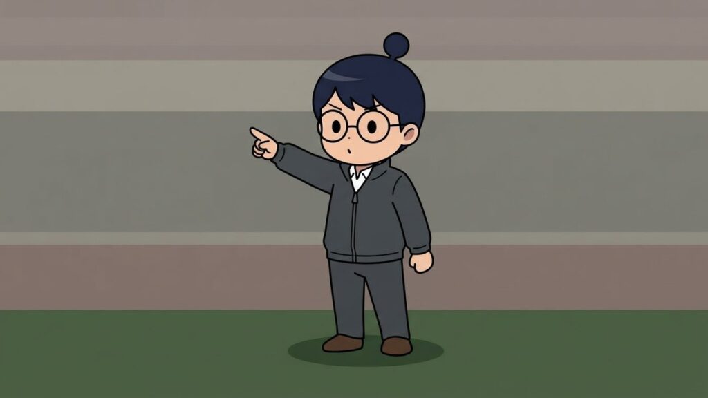 ピッチ脇で指示を出す監督姿のサカ丸のイラスト
